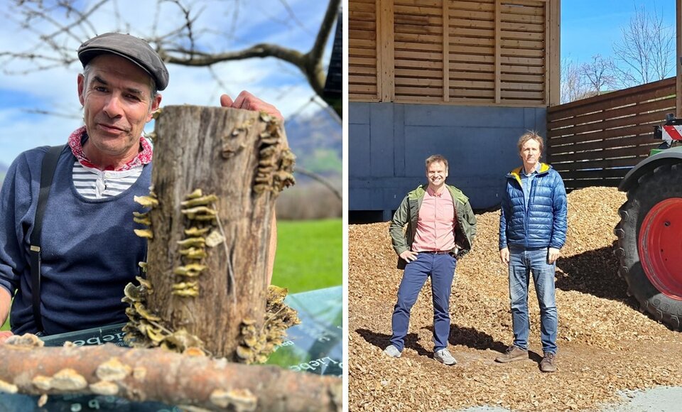 Links: mycosuisse-Gründer Patrik Mürner mit Schmetterlingstrameten und vergänglichen Saftporlingen; rechts: Benjamin Schmeißer und Sylvan Oehen von eoc energy ocean bei der ersten Pyrolyse-Anlage in Luthern. (Bilder: P. Mürner / eoc energy ocean)